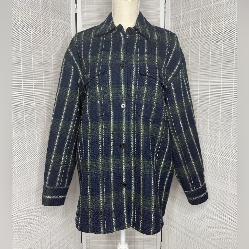 Babaton Shacket Joan Plaid Blue Oversized Button Down Lined Patch Pockets Size M